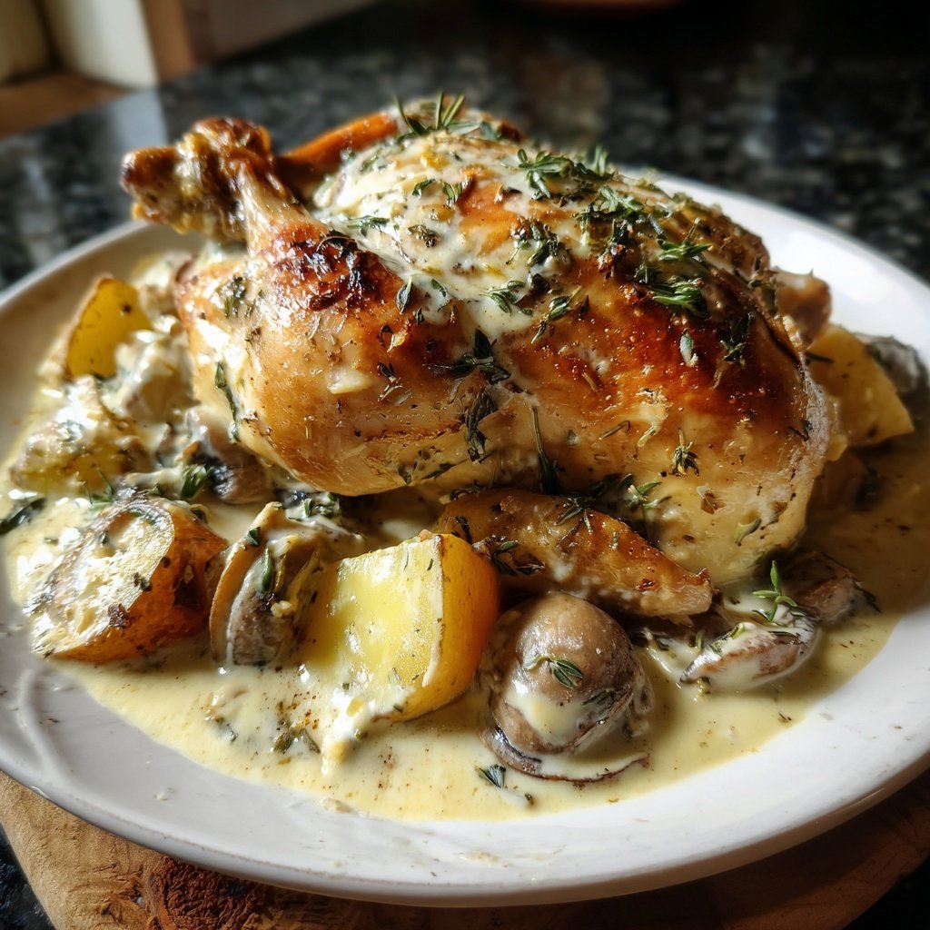 Herb Roasted Chicken in Creamy White Sauce with Mushroom and Potatoes: Cozy Dinner Recipe — Under A Tin Roof